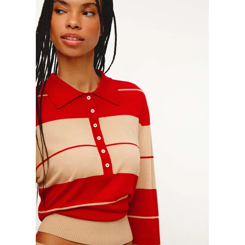 Polo Feminina Manga Longa Listrada Em Tricô Leve - Vermelho M