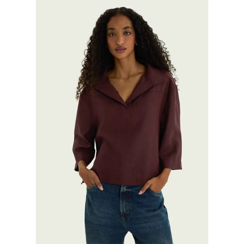 Polo Feminina Manga Curta Oversized Em Viscolinho - Vinho P