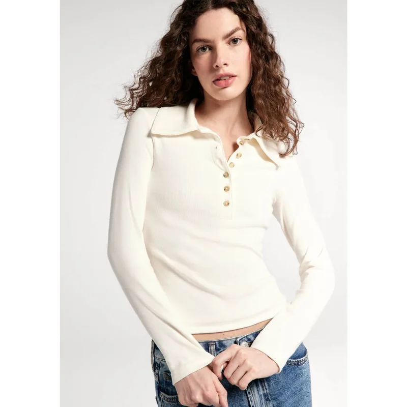 Polo Feminina Manga Longa Em Ribana Ultra Soft - Off white M
