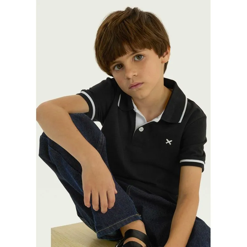 Camisa Polo Básica Menino De Algodão Com Bordado - Preto 004