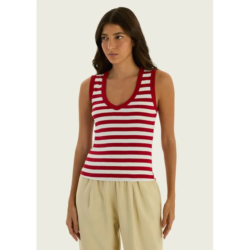 Regata Feminina Decote V Em Ribana Canelada - Vermelho P