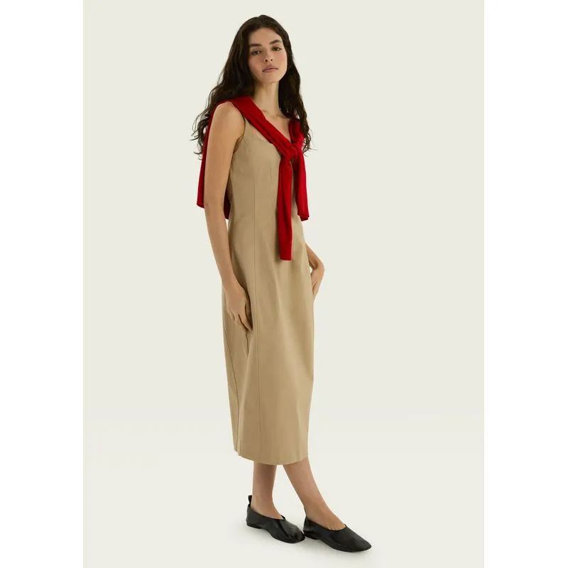 Vestido Midi Alfaiatado Alças Finas - Bege P