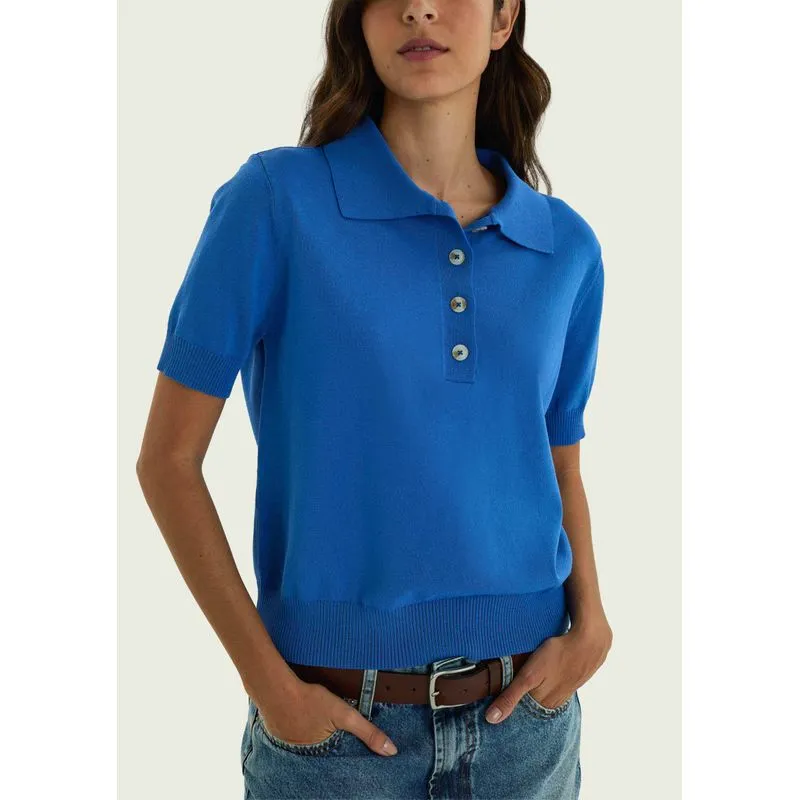 Polo Feminina Manga Curta Em Tricô Leve - Azul XG