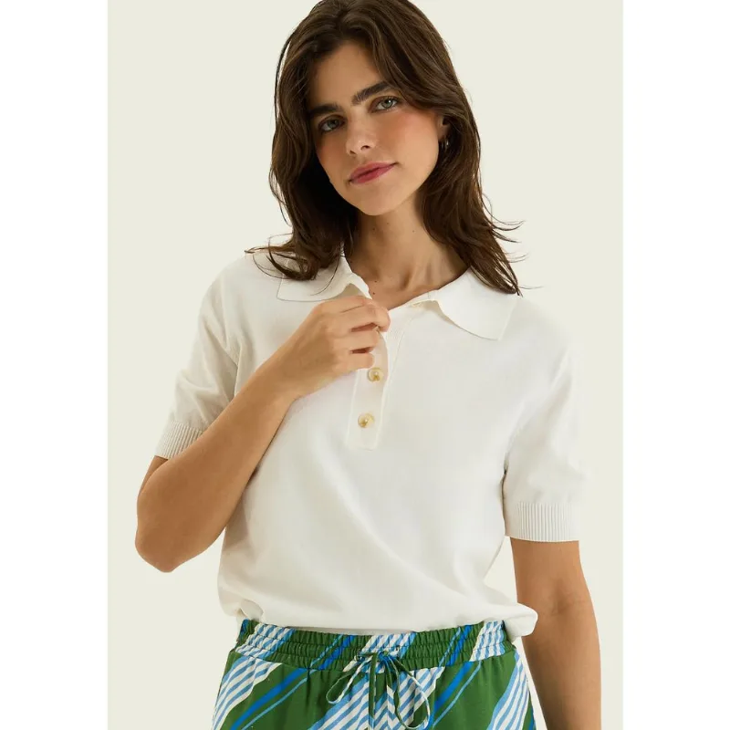 Polo Feminina Manga Curta Em Tricô Leve - Off white P