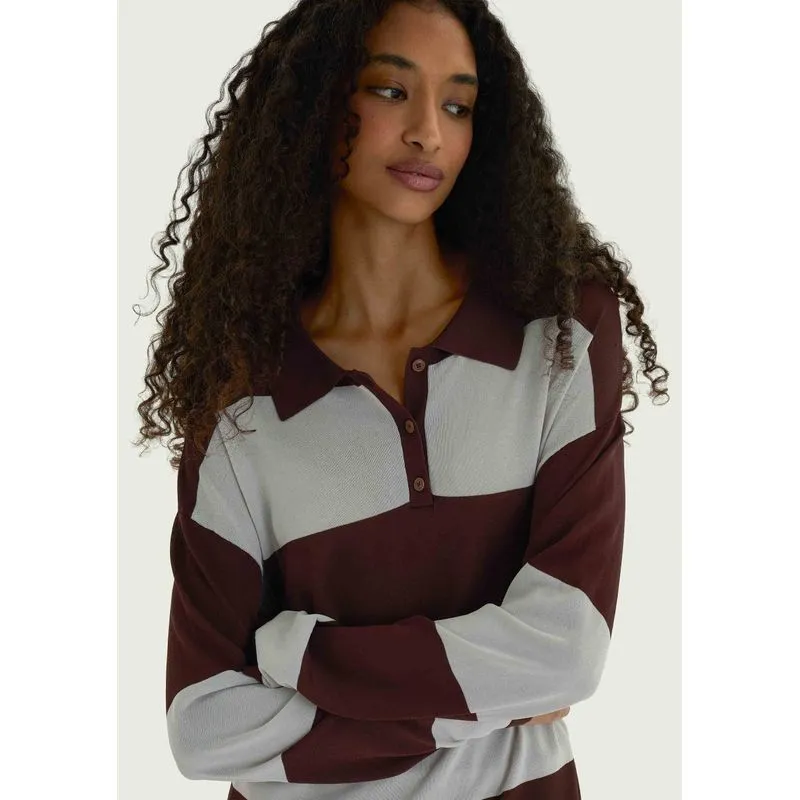 Polo Feminina Manga Longa Em Tricô Listrado - Marrom M
