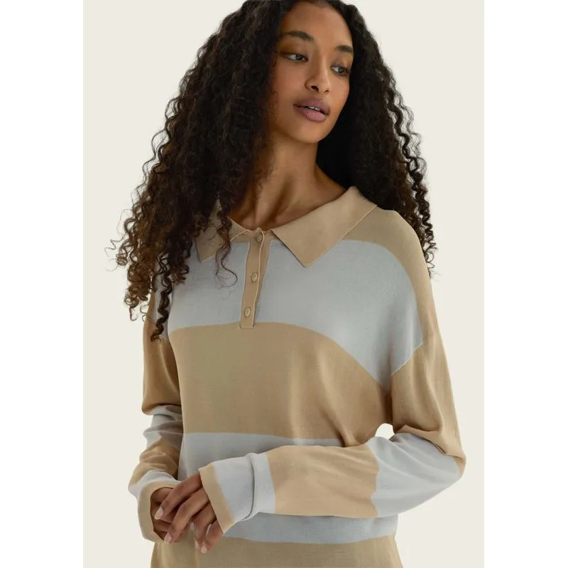 Polo Feminina Manga Longa Em Tricô Listrado - Bege M