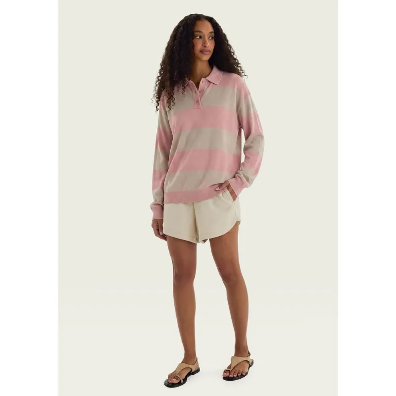 Polo Feminina Manga Longa Em Tricô Listrado - Rosa P