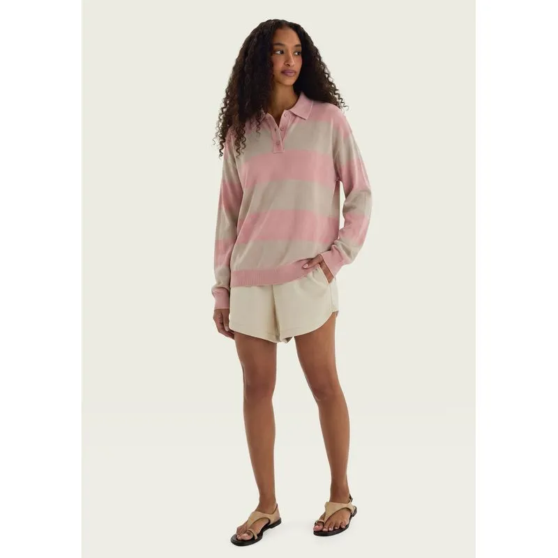 Polo Feminina Manga Longa Em Tricô Listrado - Rosa XG