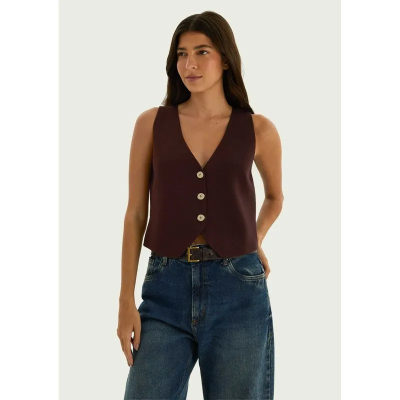 Colete Feminino Decote V Em Tricô - Marrom M