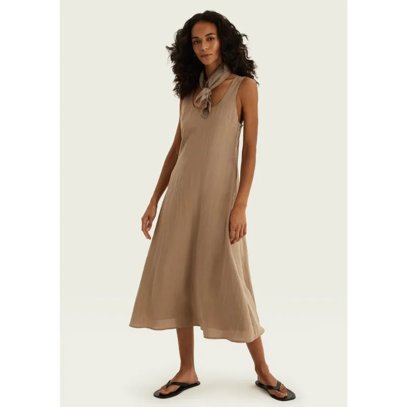Vestido Midi Evasê Em Liocel - Bege M