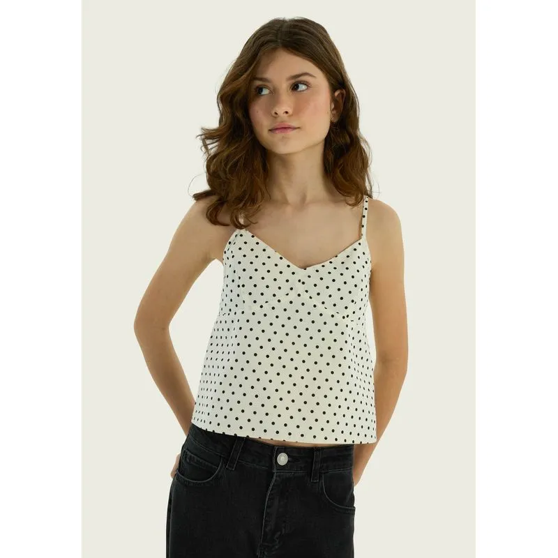 Regata Teen Alças Finas Estampada Decote V - Off white P