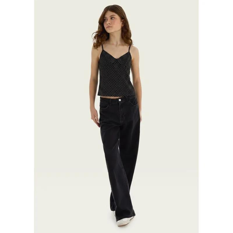 Regata Teen Alças Finas Estampada Decote V - Preto G
