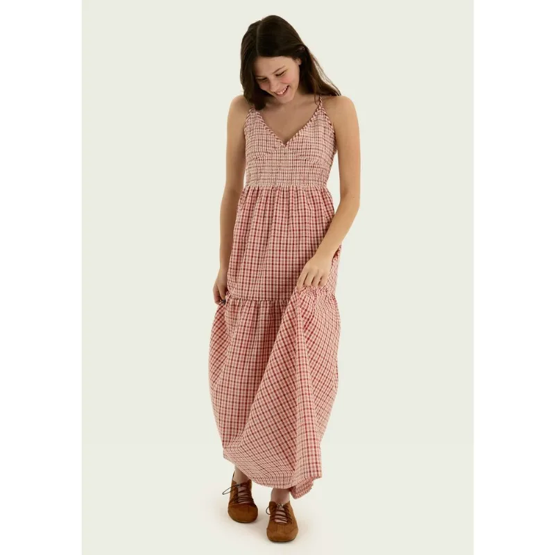 Vestido Longo Teen Em Anarruga Xadrez - Vermelho XP