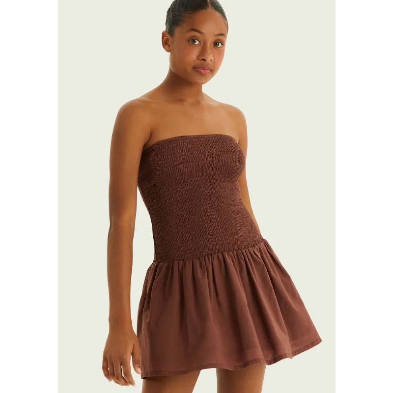 Vestido Curto Teen Sem Manga Rodado Em Lastex - Marrom G