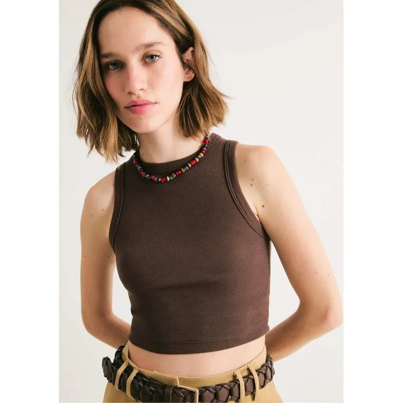 Regata Feminina Cropped Decote Halter Neck Em Ribana Canelada - Marrom XG