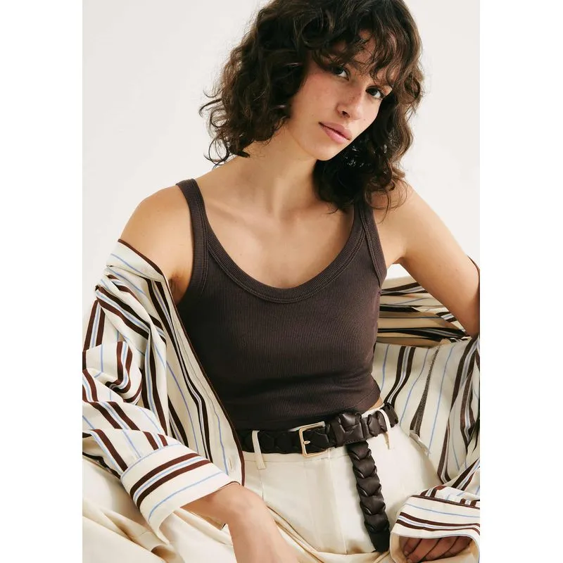 Regata Básica Feminina Cropped Em Ribana Canelada - Marrom XP