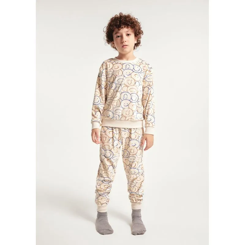 Pijama Longo Infantil Menino Fleece Estampado - Creme 012