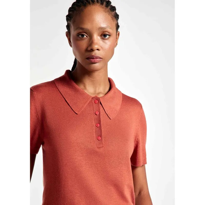 Polo Feminina Manga Curta Em Tricô Mesclado - Vermelho XG