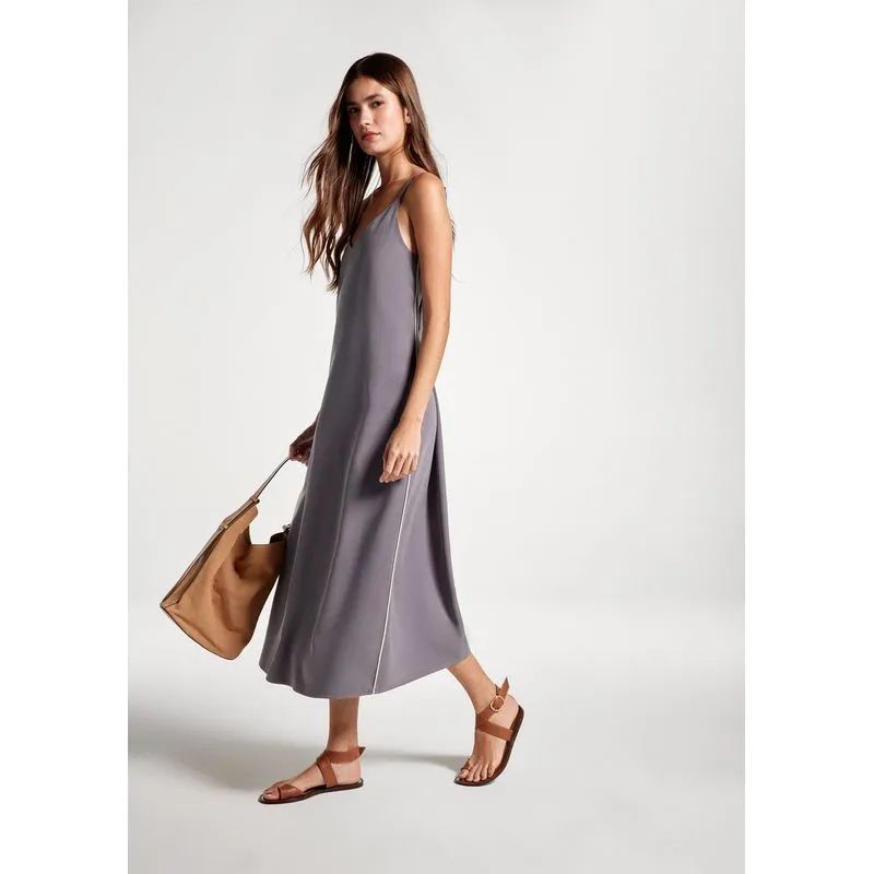 Vestido Midi Decote V Em Peach Touch - Cinza P