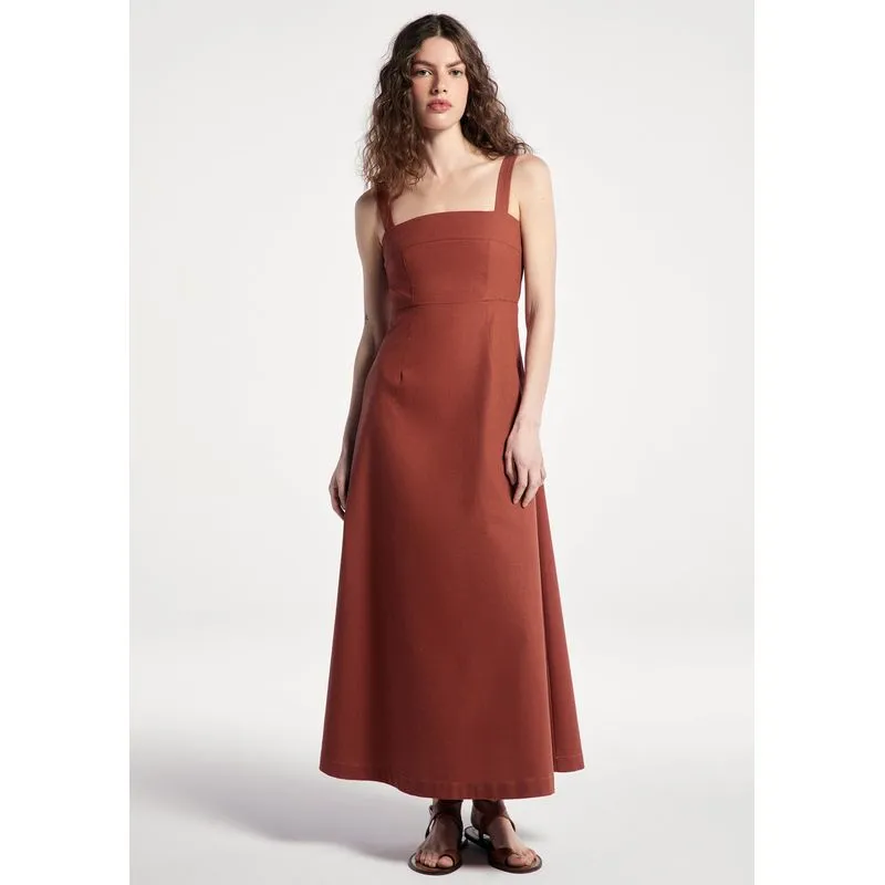 Vestido Midi Evasê Alças Médias Rústico Com Linho - Terracota M