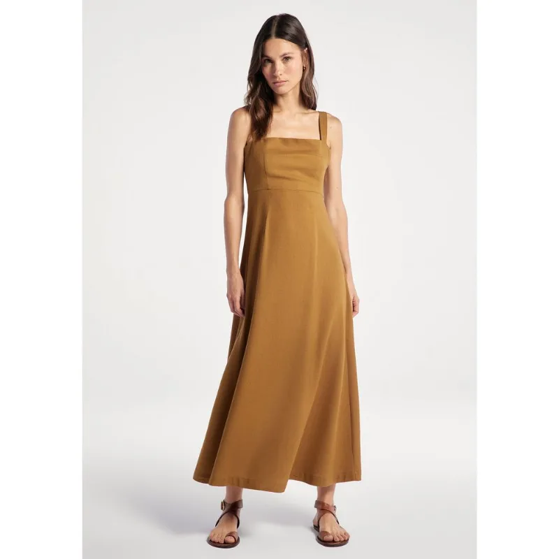 Vestido Midi Evasê Alças Médias Rústico Com Linho - Marrom XG