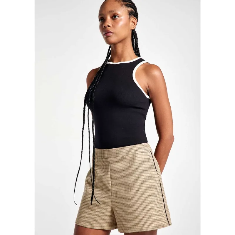 Shorts Feminino Em Alfaiataria Xadrez - Bege 040