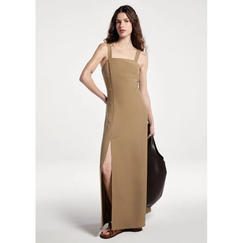 Vestido Longo Em Viscolinho - Bege M