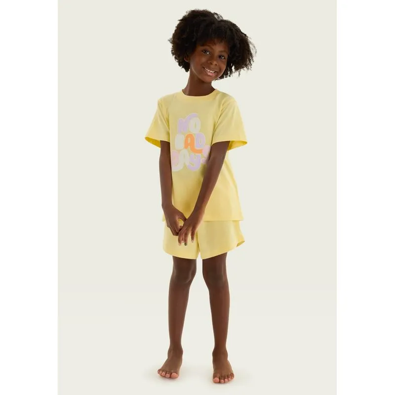 Pijama Infantil Menina Curto Com Estampa - Amarelo 014