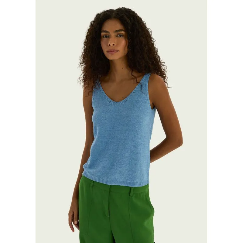 Regata Feminina Decote V Em Tricô - Azul P