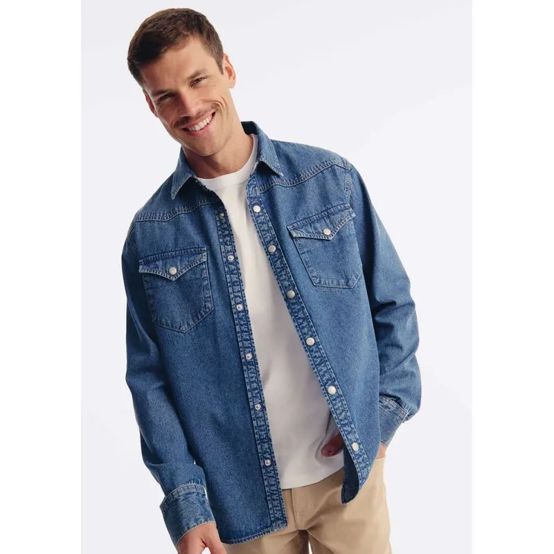 Camisa Jeans Masculina Manga Longa - Azul P