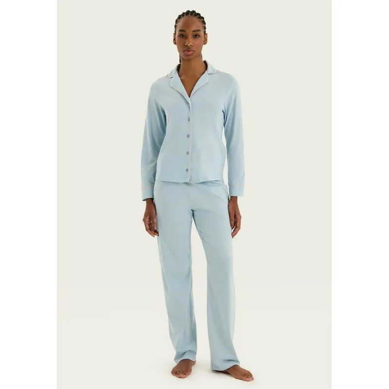 Pijama Longo Feminino Com Botões - Azul P