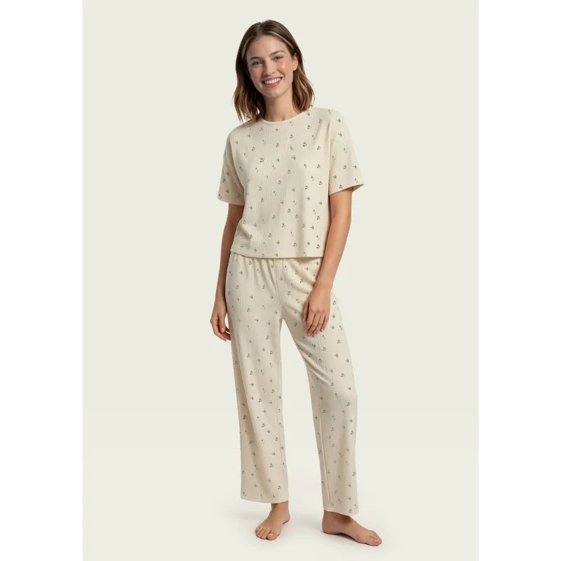 Pijama Feminino Em Malha Jacquard Estampado - Creme P