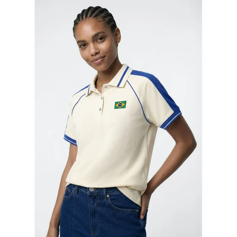 Polo Feminina Torcida Em Piquet Com Patch Bandeira - Off white M