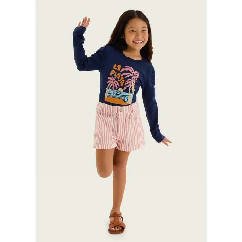 Shorts Infantil Menina Listrado Em Sarja - Rosa 016