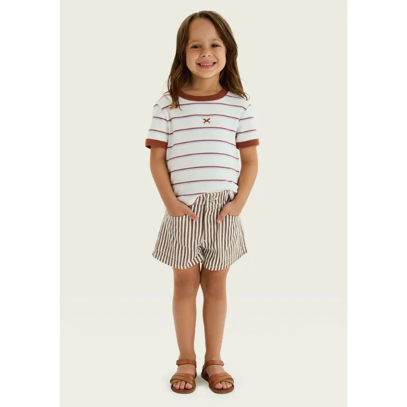 Shorts Infantil Menina Listrado Em Sarja - Marrom 016