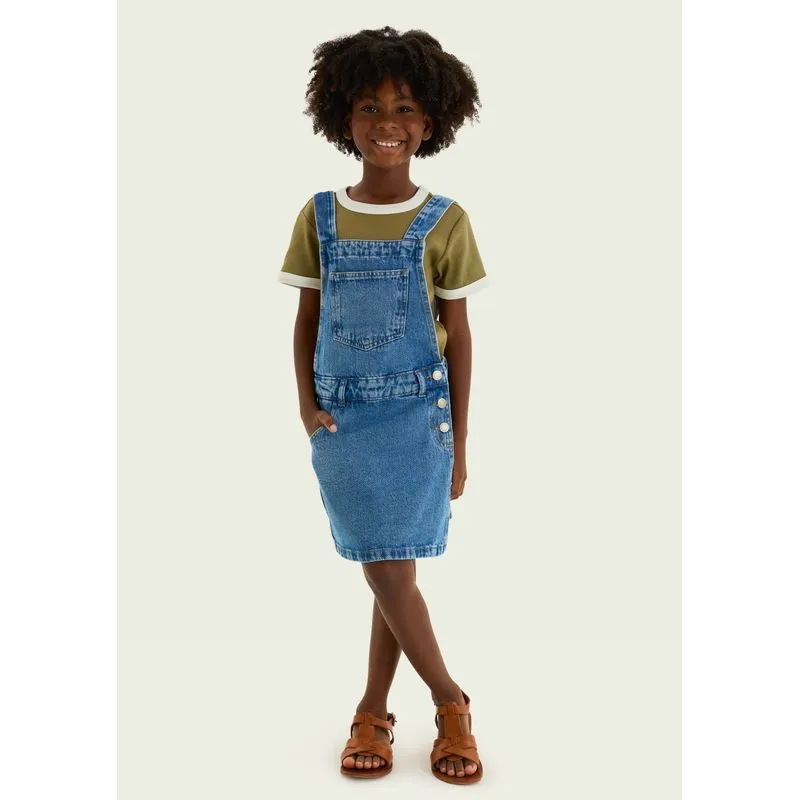 Jardineira Jeans Infantil Com Saia Transpassada - Azul 010