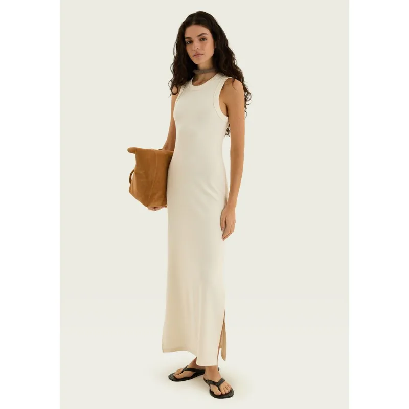 Vestido Midi Em Ribana Canelada Com Fenda - Creme P