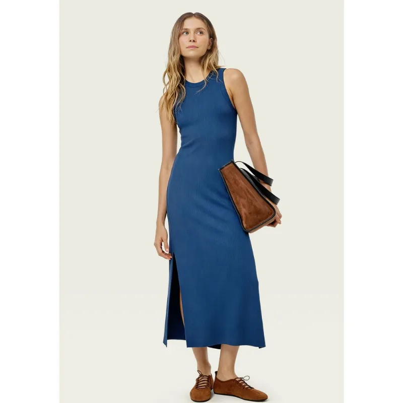 Vestido Midi Em Ribana Canelada Com Fenda - Azul G