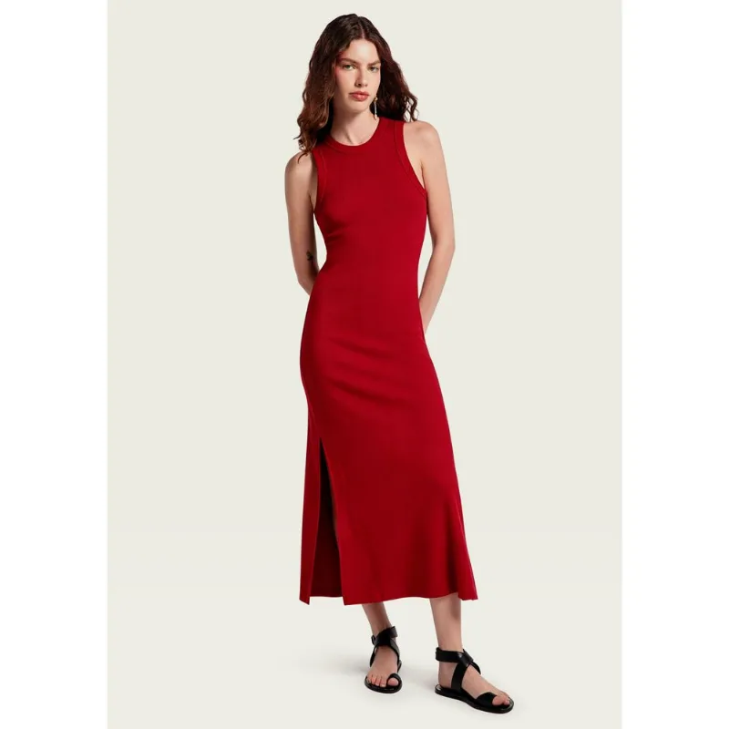 Vestido Midi Em Ribana Canelada Com Fenda - Vermelho XG