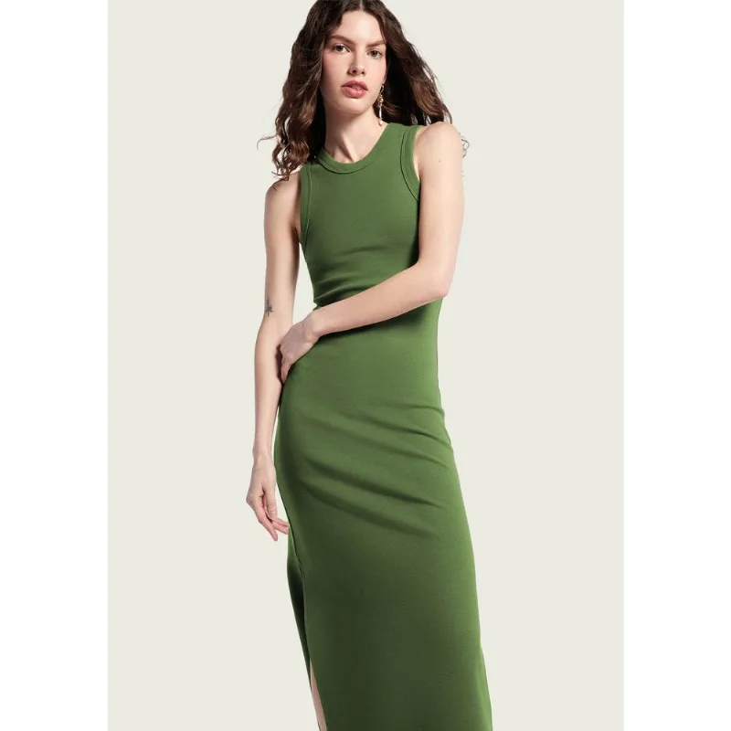 Vestido Midi Em Ribana Canelada Com Fenda - Verde XG