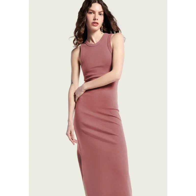 Vestido Midi Em Ribana Canelada Com Fenda - Rosa XG