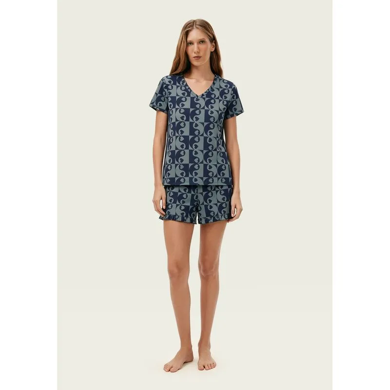 Pijama Curto Feminino Estampado Decote V - Azul XG
