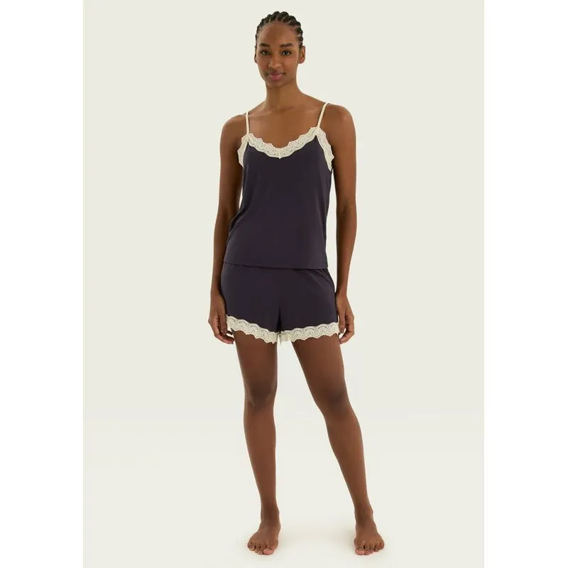 Pijama Curto Feminino Em Viscose Com Renda - Azul XG
