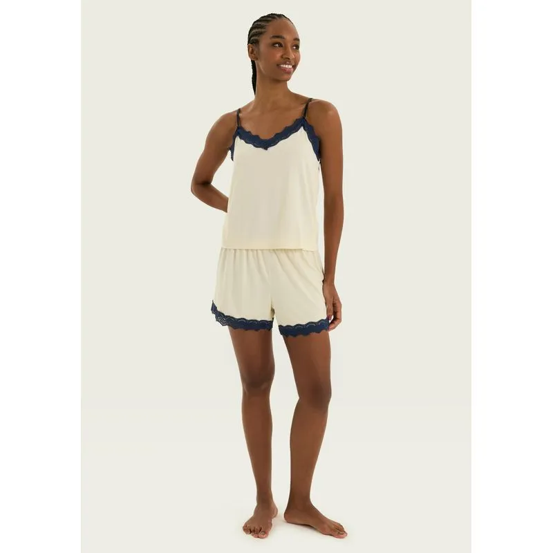 Pijama Curto Feminino Em Viscose Com Renda - Amarelo P