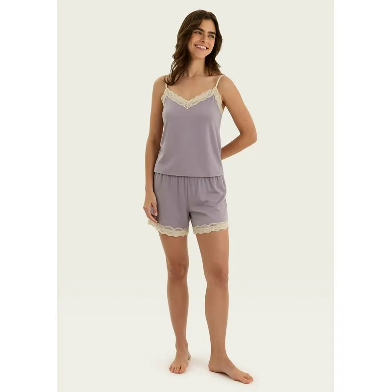Pijama Curto Feminino Em Viscose Com Renda - Lilás G