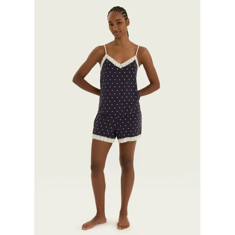 Pijama Curto Feminino Estampado Com Renda - Azul P