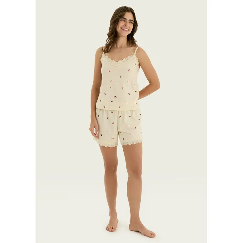 Pijama Curto Feminino Estampado Com Renda - Creme XP