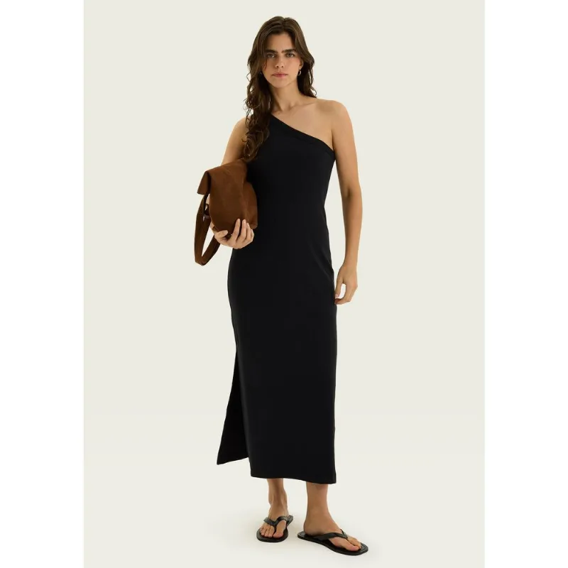 Vestido Midi Um Ombro Só Em Ribana Ultrasoft - Preto G