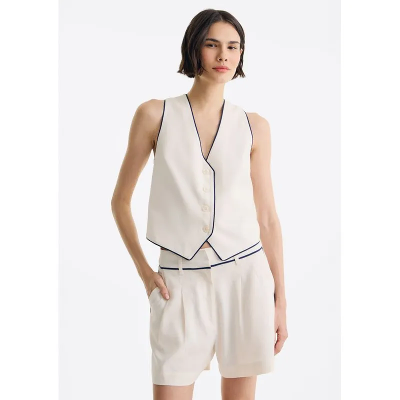 Colete Feminino Decote V Com Linho - Off white XG