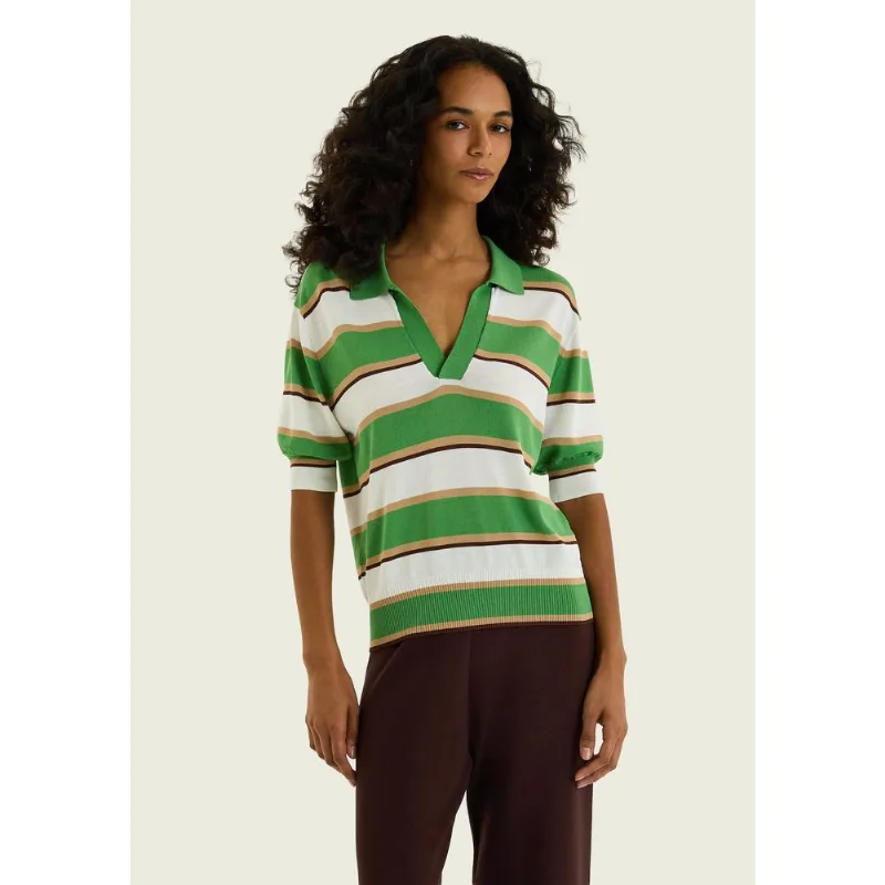 Polo Feminina Listrada Decote V Em Tricô - Verde P